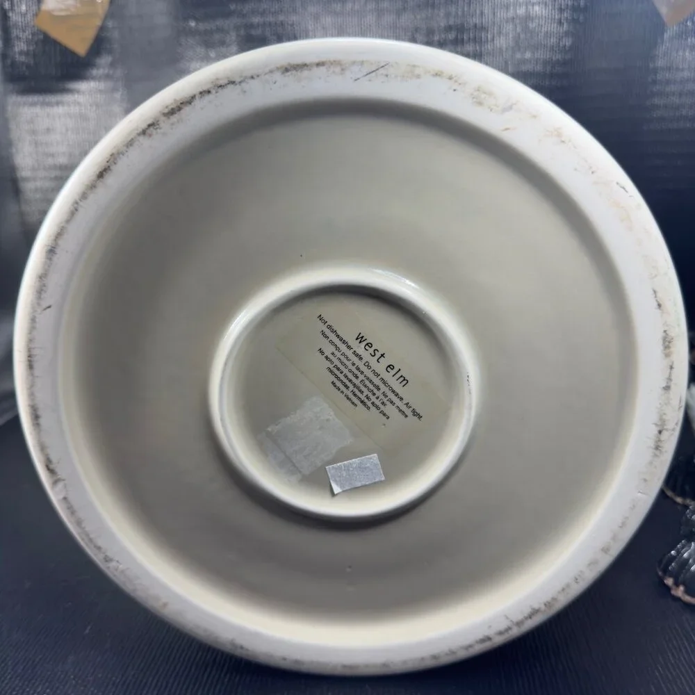 West Elm Tan Stoneware Pottery Heavy Large Canister Container Crock With Lid VTG